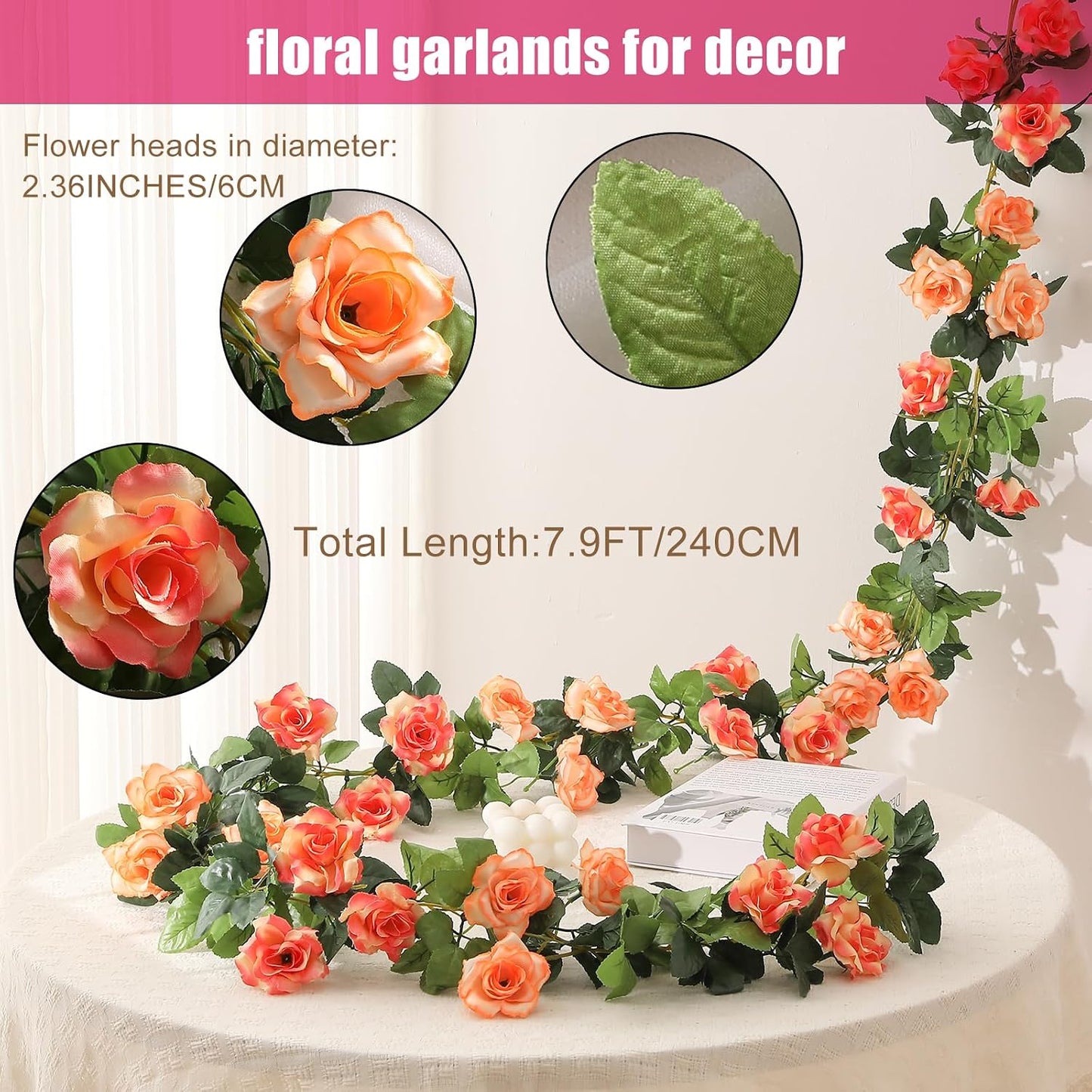 JUSTOYOU Artificial Rose Vines Yellow Flowers Garland Hanging Silk Rose Vine for Wedding Home Office Arch Arrangement Decoration 7.6FT(2PCS)