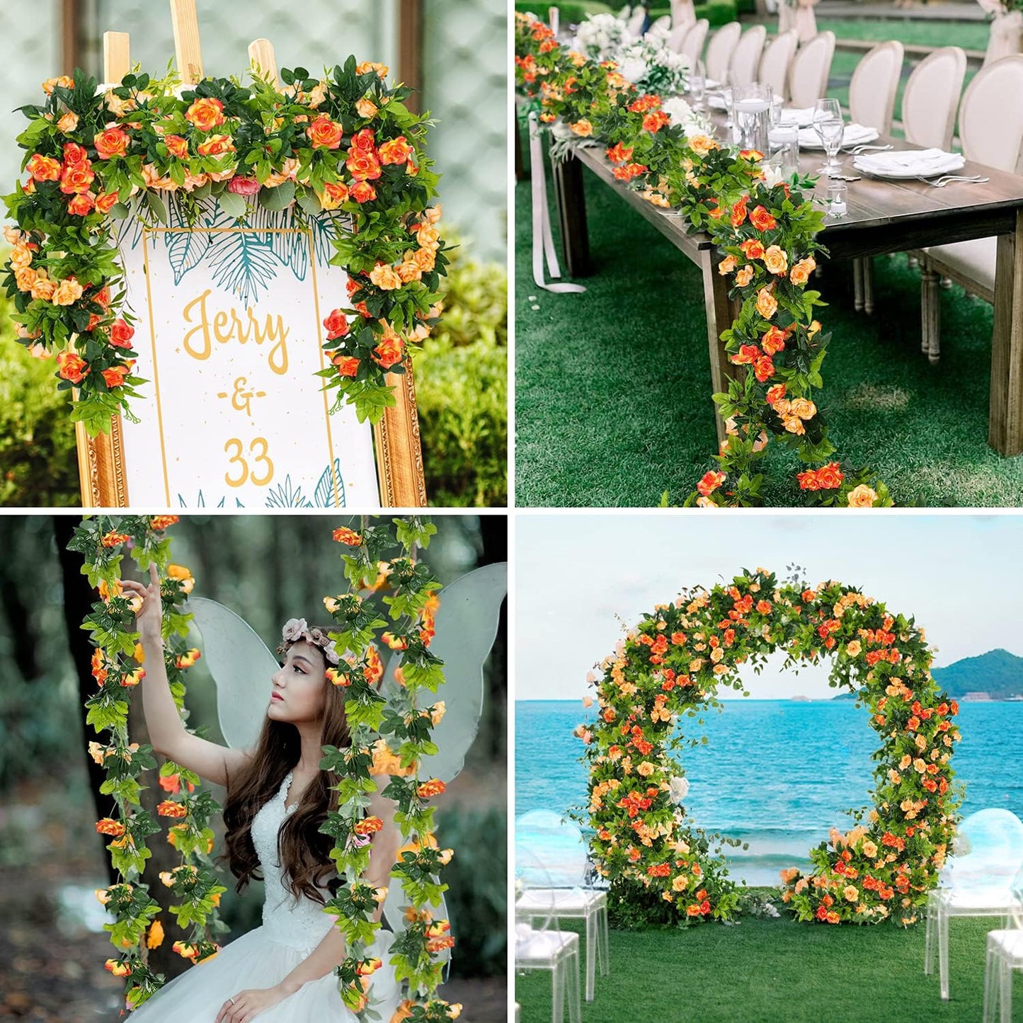JUSTOYOU Artificial Rose Vines Yellow Flowers Garland Hanging Silk Rose Vine for Wedding Home Office Arch Arrangement Decoration 7.6FT(2PCS)