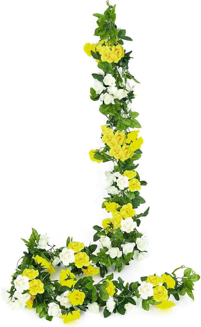 JUSTOYOU Artificial Rose Vines Yellow Flowers Garland Hanging Silk Rose Vine for Wedding Home Office Arch Arrangement Decoration 7.6FT(2PCS)