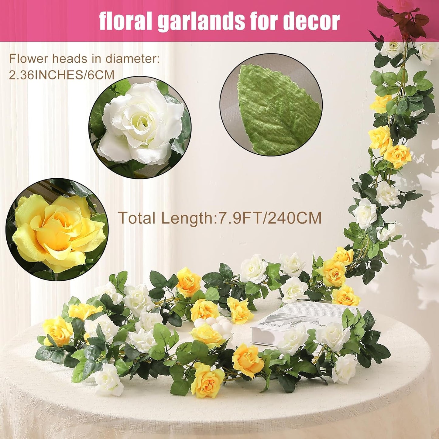 JUSTOYOU Artificial Rose Vines Yellow Flowers Garland Hanging Silk Rose Vine for Wedding Home Office Arch Arrangement Decoration 7.6FT(2PCS)
