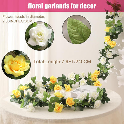 JUSTOYOU Artificial Rose Vines Yellow Flowers Garland Hanging Silk Rose Vine for Wedding Home Office Arch Arrangement Decoration 7.6FT(2PCS)