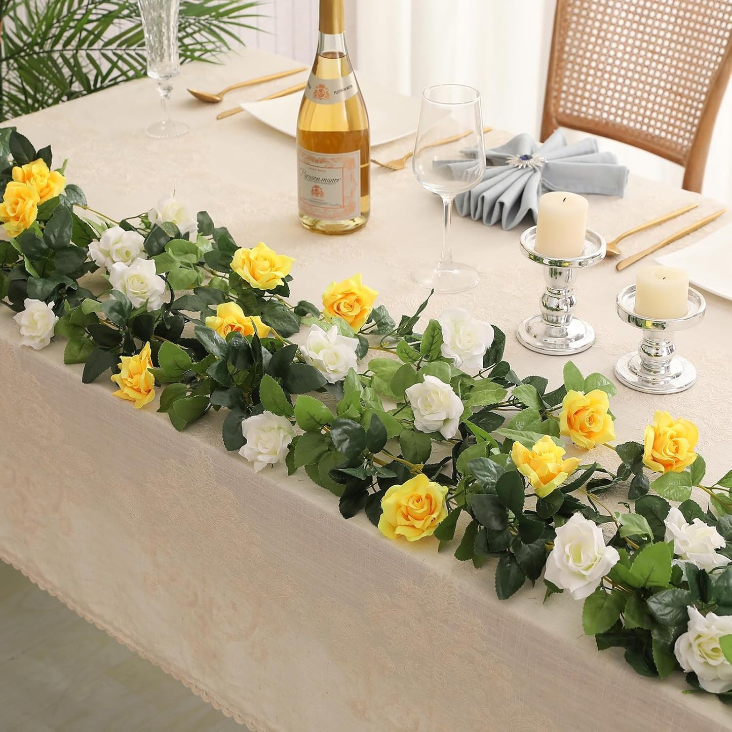JUSTOYOU Artificial Rose Vines Yellow Flowers Garland Hanging Silk Rose Vine for Wedding Home Office Arch Arrangement Decoration 7.6FT(2PCS)