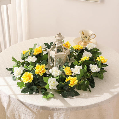JUSTOYOU Artificial Rose Vines Yellow Flowers Garland Hanging Silk Rose Vine for Wedding Home Office Arch Arrangement Decoration 7.6FT(2PCS)