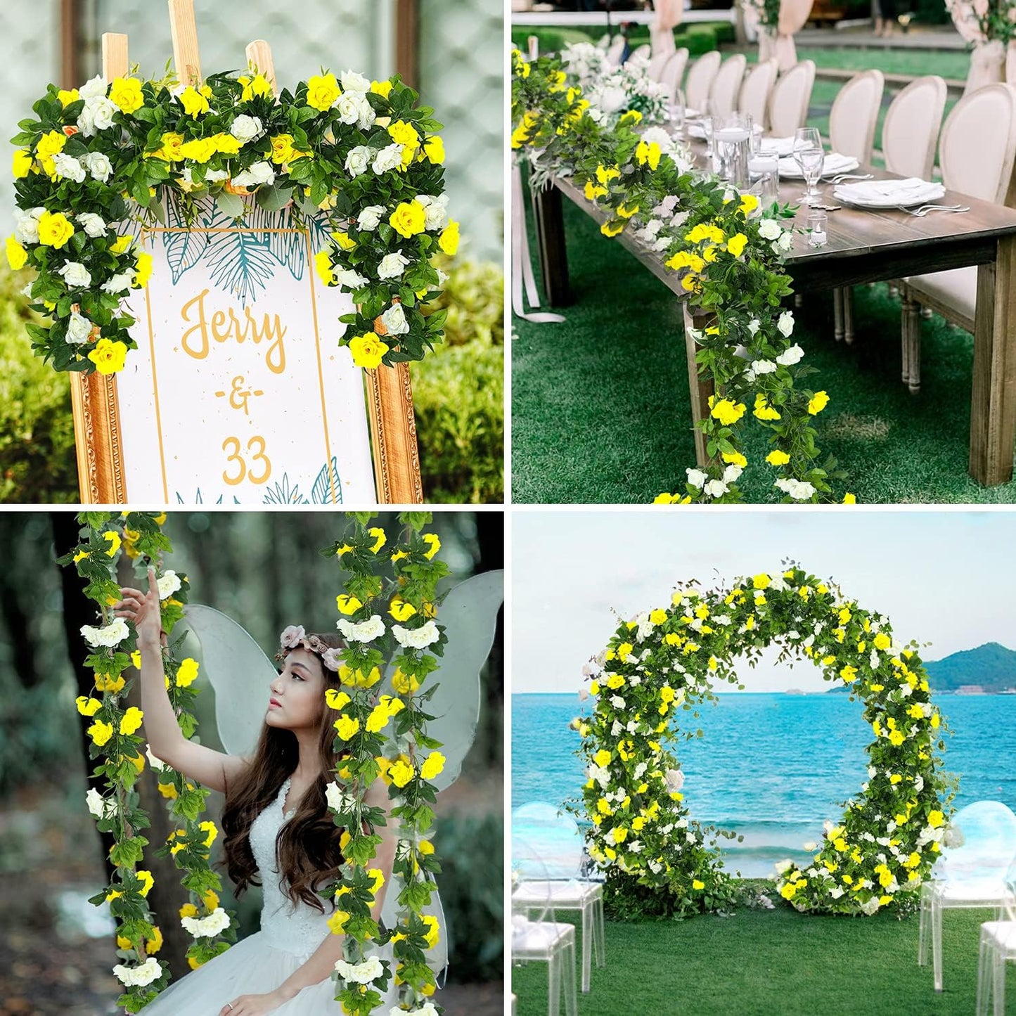 JUSTOYOU Artificial Rose Vines Yellow Flowers Garland Hanging Silk Rose Vine for Wedding Home Office Arch Arrangement Decoration 7.6FT(2PCS)