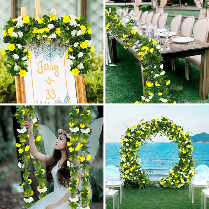 JUSTOYOU Artificial Rose Vines Yellow Flowers Garland Hanging Silk Rose Vine for Wedding Home Office Arch Arrangement Decoration 7.6FT(2PCS)