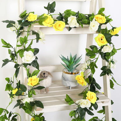 JUSTOYOU Artificial Rose Vines Yellow Flowers Garland Hanging Silk Rose Vine for Wedding Home Office Arch Arrangement Decoration 7.6FT(2PCS)