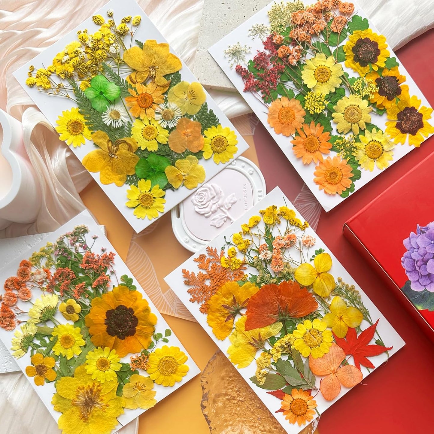 88Pcs Yellow Pressed Dried Flowers for Resin Molds, Real Natural Bulk Dry Floral Leaves for DIY Art Crafts, Epoxy Jewelry, Candle, Soap Making, Nails Decors