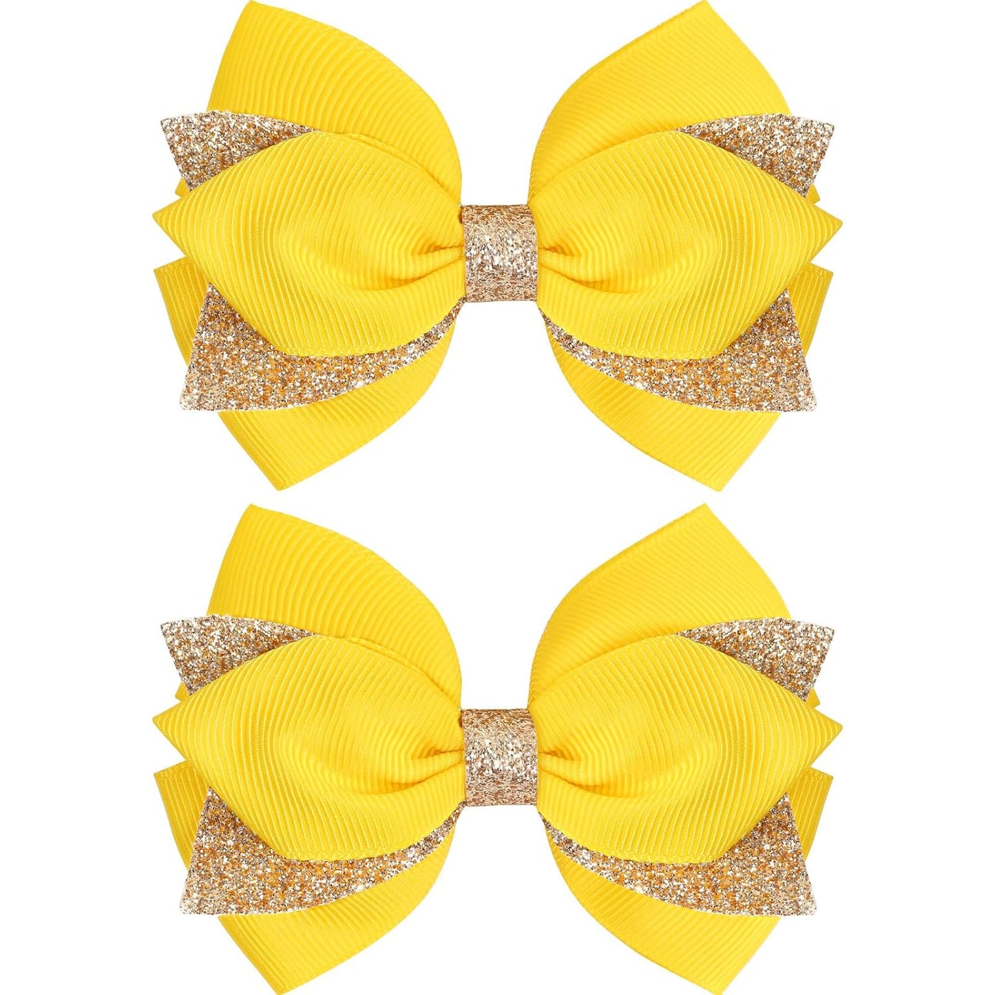 2PCS 4 Inch Sparkly Glitter Yellow Hair Bow Clips for Girls Kids | Grosgrain Sequin Barrettes Hair Pins for Toddler Children, Boutique Hair Accessories for Halloween Christmas Birthday Party
