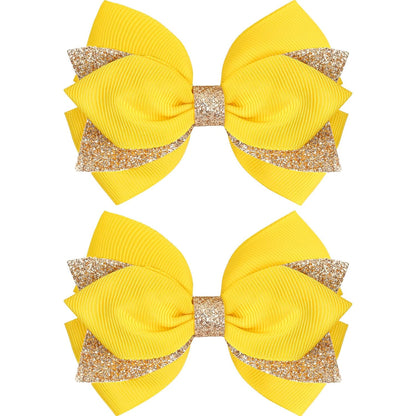 2PCS 4 Inch Sparkly Glitter Yellow Hair Bow Clips for Girls Kids | Grosgrain Sequin Barrettes Hair Pins for Toddler Children, Boutique Hair Accessories for Halloween Christmas Birthday Party
