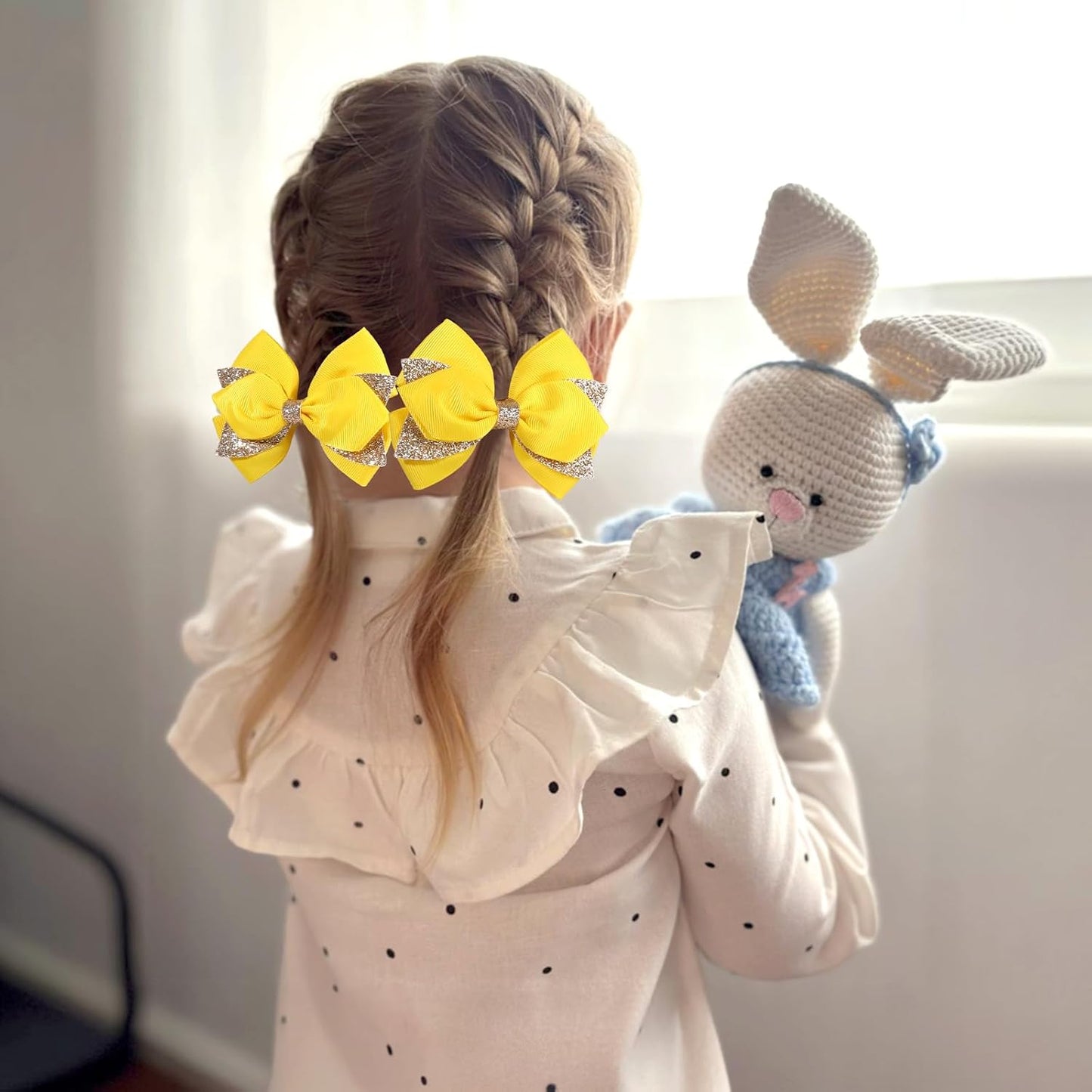 2PCS 4 Inch Sparkly Glitter Yellow Hair Bow Clips for Girls Kids | Grosgrain Sequin Barrettes Hair Pins for Toddler Children, Boutique Hair Accessories for Halloween Christmas Birthday Party