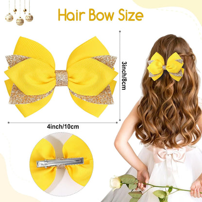 2PCS 4 Inch Sparkly Glitter Yellow Hair Bow Clips for Girls Kids | Grosgrain Sequin Barrettes Hair Pins for Toddler Children, Boutique Hair Accessories for Halloween Christmas Birthday Party