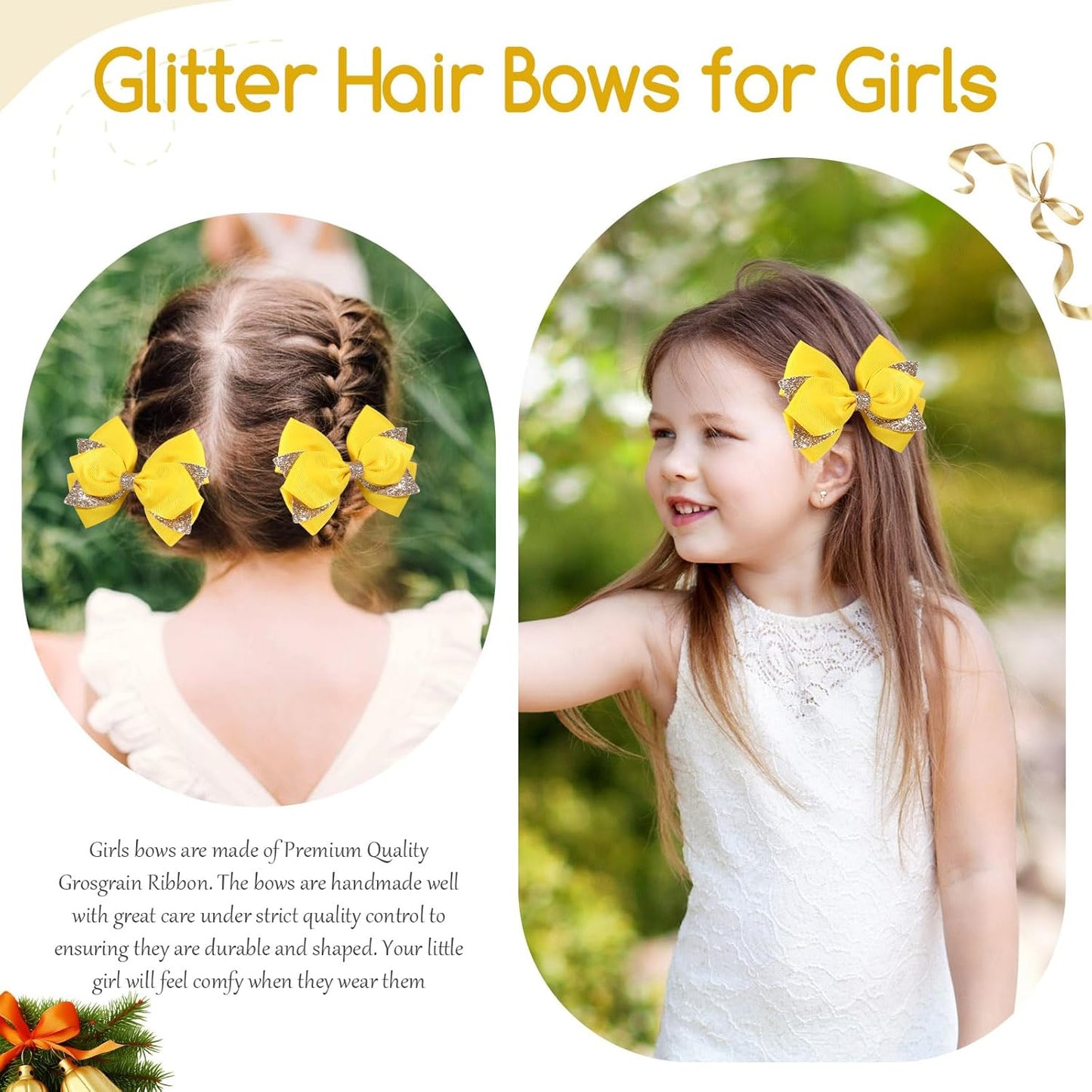 2PCS 4 Inch Sparkly Glitter Yellow Hair Bow Clips for Girls Kids | Grosgrain Sequin Barrettes Hair Pins for Toddler Children, Boutique Hair Accessories for Halloween Christmas Birthday Party