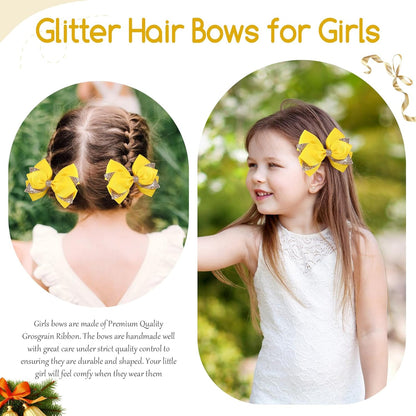 2PCS 4 Inch Sparkly Glitter Yellow Hair Bow Clips for Girls Kids | Grosgrain Sequin Barrettes Hair Pins for Toddler Children, Boutique Hair Accessories for Halloween Christmas Birthday Party