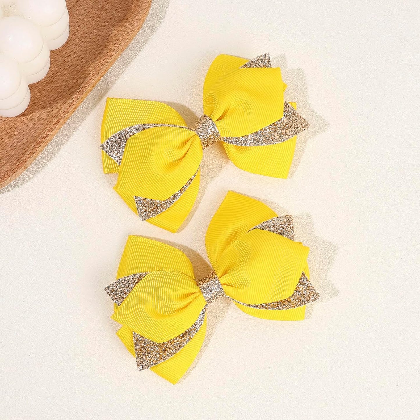 2PCS 4 Inch Sparkly Glitter Yellow Hair Bow Clips for Girls Kids | Grosgrain Sequin Barrettes Hair Pins for Toddler Children, Boutique Hair Accessories for Halloween Christmas Birthday Party