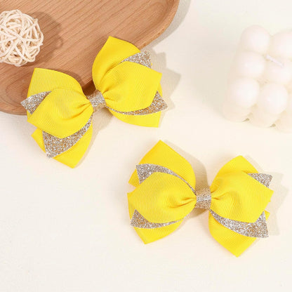 2PCS 4 Inch Sparkly Glitter Yellow Hair Bow Clips for Girls Kids | Grosgrain Sequin Barrettes Hair Pins for Toddler Children, Boutique Hair Accessories for Halloween Christmas Birthday Party