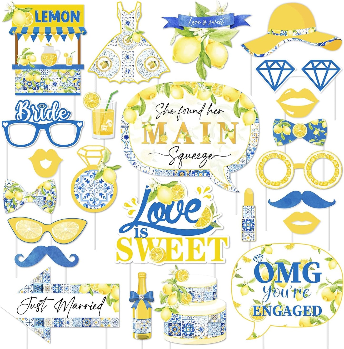 24 Pieces She Found Her Main Squeeze Photo Booth Props - Blue Tile and Lemon Bridal Shower Decorations, Yellow and Blue Capri Lemon Theme Party Supplies