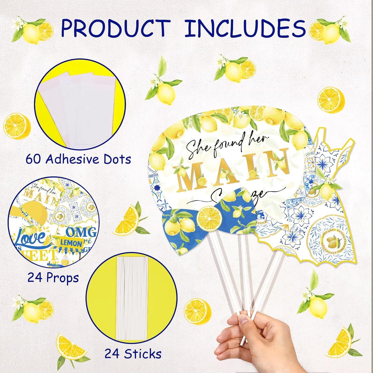 24 Pieces She Found Her Main Squeeze Photo Booth Props - Blue Tile and Lemon Bridal Shower Decorations, Yellow and Blue Capri Lemon Theme Party Supplies