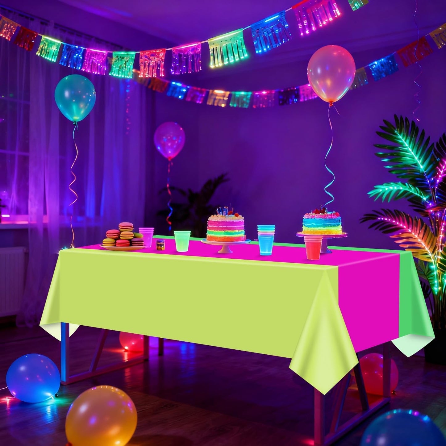 4 Pcs Disposable Neon Table Cloths - 51'' x 86'' Yellow Lime Green Hot Pink Glow in The Dark Table Cloths for Neon Party Decorations Glow Party Supplies