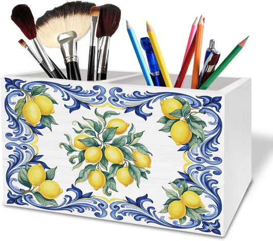 Italian Lemon Pen Holder for Desk, Blue Mediterranean Italian Tiles Lemons Wooden Box Sign Desk Decor for Home Office Decoration, Lemon Themed Gifts Pencil Organizer