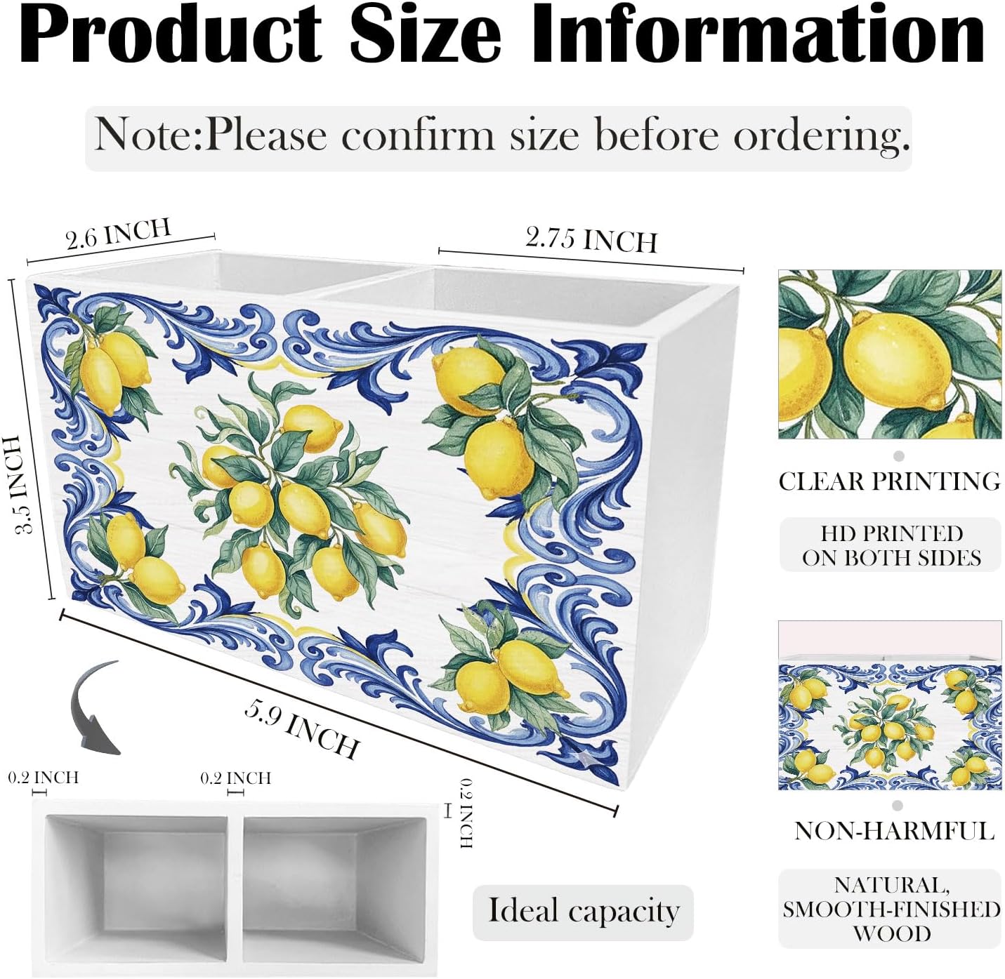 Italian Lemon Pen Holder for Desk, Blue Mediterranean Italian Tiles Lemons Wooden Box Sign Desk Decor for Home Office Decoration, Lemon Themed Gifts Pencil Organizer