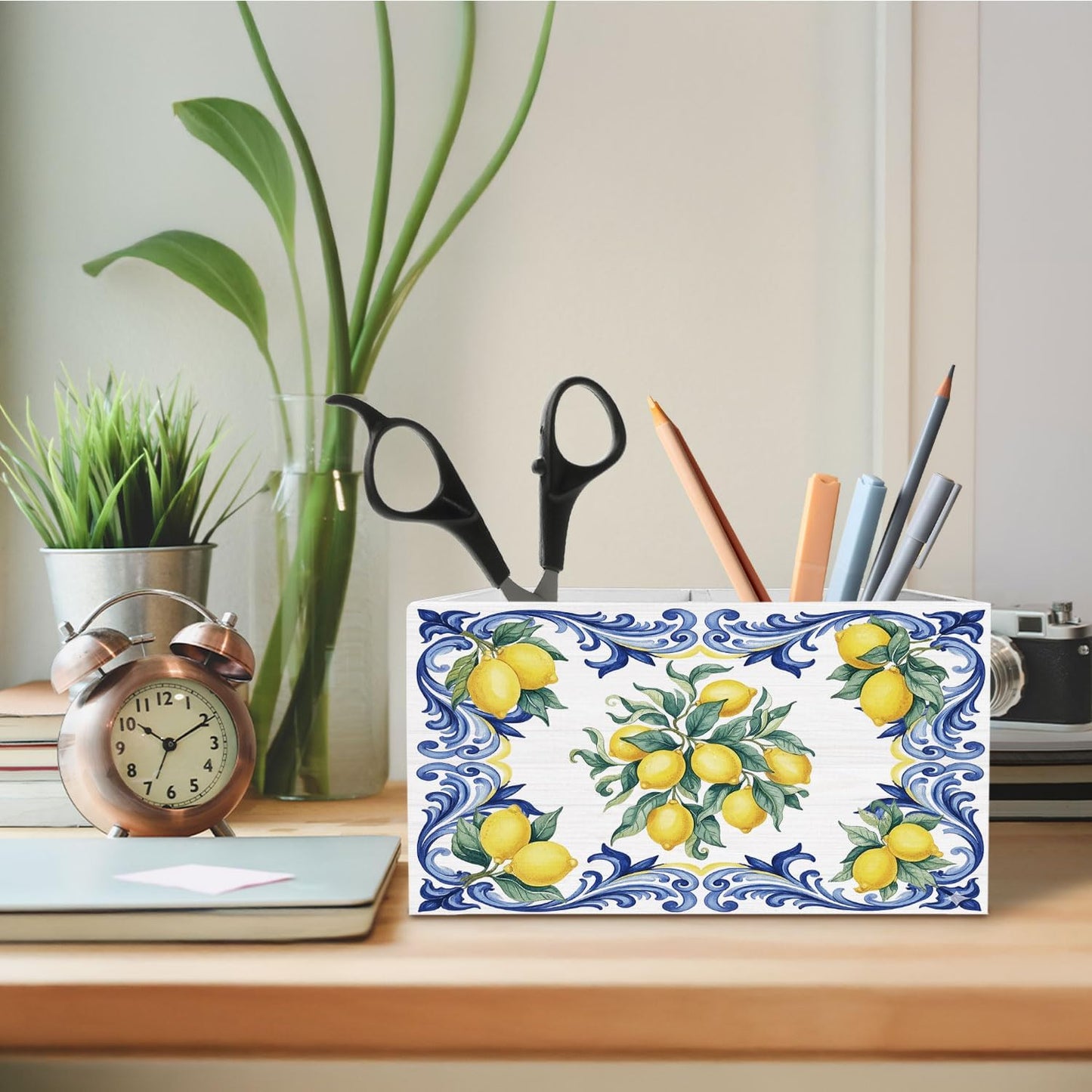 Italian Lemon Pen Holder for Desk, Blue Mediterranean Italian Tiles Lemons Wooden Box Sign Desk Decor for Home Office Decoration, Lemon Themed Gifts Pencil Organizer