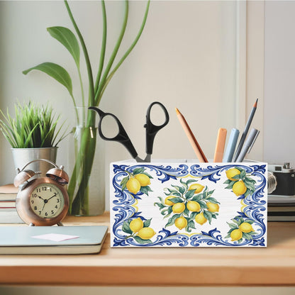 Italian Lemon Pen Holder for Desk, Blue Mediterranean Italian Tiles Lemons Wooden Box Sign Desk Decor for Home Office Decoration, Lemon Themed Gifts Pencil Organizer