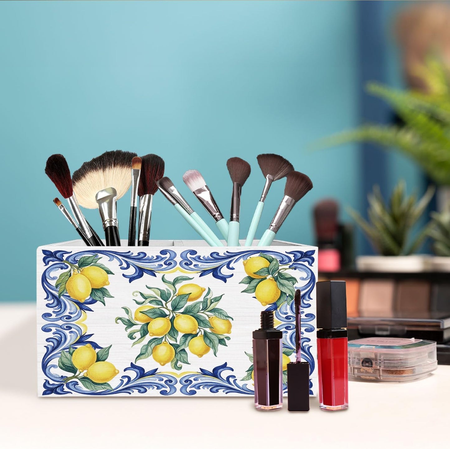 Italian Lemon Pen Holder for Desk, Blue Mediterranean Italian Tiles Lemons Wooden Box Sign Desk Decor for Home Office Decoration, Lemon Themed Gifts Pencil Organizer
