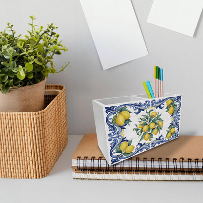 Italian Lemon Pen Holder for Desk, Blue Mediterranean Italian Tiles Lemons Wooden Box Sign Desk Decor for Home Office Decoration, Lemon Themed Gifts Pencil Organizer