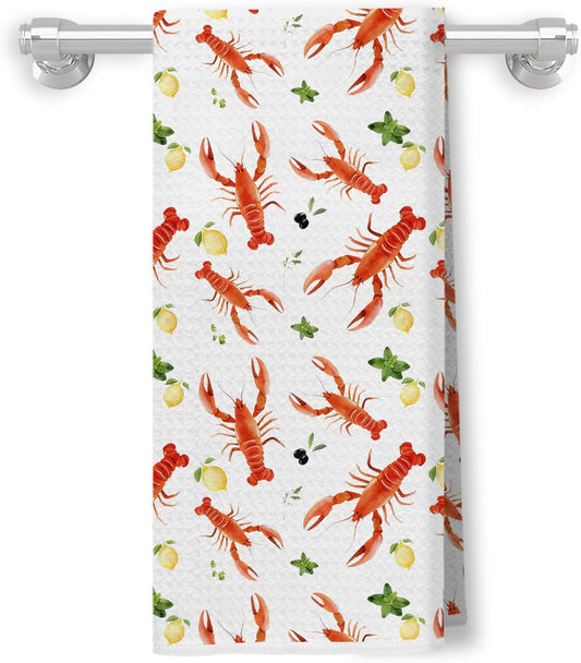 Coastal Lobster Lemon Decor Kitchen Towels, Lobster Gifts, Summer Beach Crayfish Decorative Dish Hand Tea Towels for Kitchen, Seafood Boil Party Supplies, 16x24 Inch