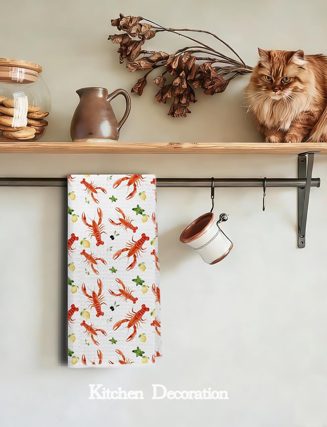 Coastal Lobster Lemon Decor Kitchen Towels, Lobster Gifts, Summer Beach Crayfish Decorative Dish Hand Tea Towels for Kitchen, Seafood Boil Party Supplies, 16x24 Inch