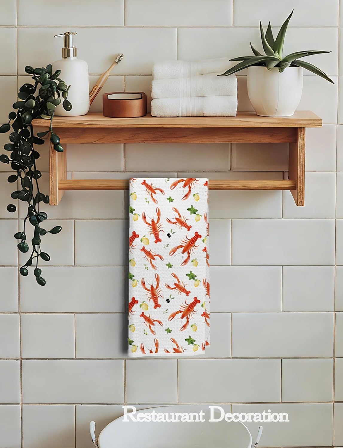 Coastal Lobster Lemon Decor Kitchen Towels, Lobster Gifts, Summer Beach Crayfish Decorative Dish Hand Tea Towels for Kitchen, Seafood Boil Party Supplies, 16x24 Inch