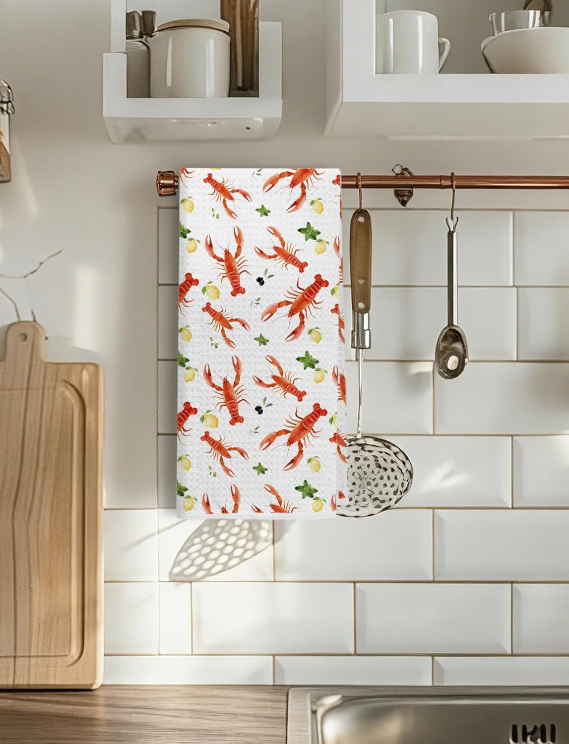 Coastal Lobster Lemon Decor Kitchen Towels, Lobster Gifts, Summer Beach Crayfish Decorative Dish Hand Tea Towels for Kitchen, Seafood Boil Party Supplies, 16x24 Inch