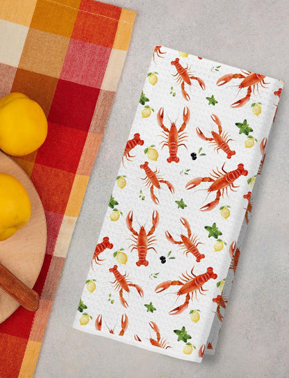 Coastal Lobster Lemon Decor Kitchen Towels, Lobster Gifts, Summer Beach Crayfish Decorative Dish Hand Tea Towels for Kitchen, Seafood Boil Party Supplies, 16x24 Inch