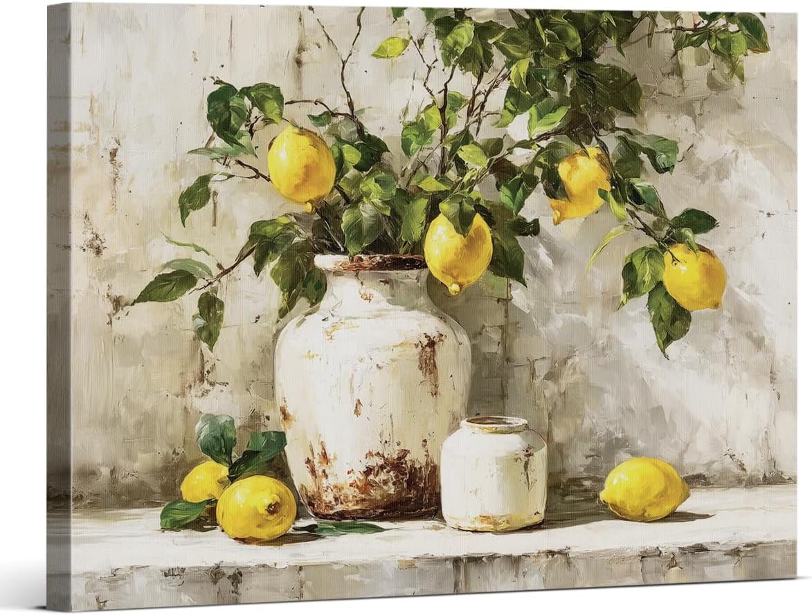 Lemon Canvas Wall Decor, Country Farmhouse Fruit Themed Printing Artwork, Rustic Lemon Oil Paintings Posters Prints for Bathroom Living Room Bedroom Kitchen 8x10 Inches