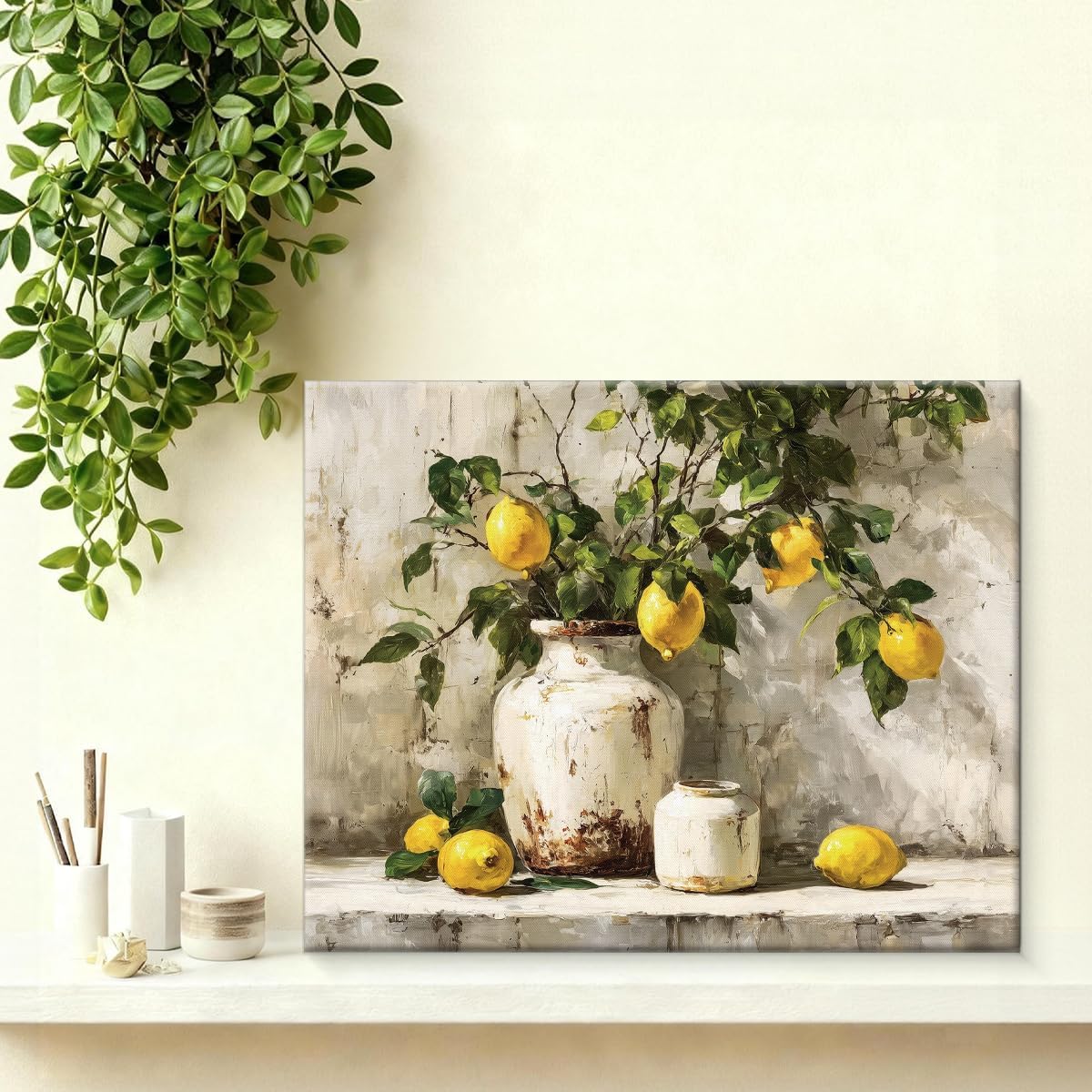 Lemon Canvas Wall Decor, Country Farmhouse Fruit Themed Printing Artwork, Rustic Lemon Oil Paintings Posters Prints for Bathroom Living Room Bedroom Kitchen 8x10 Inches