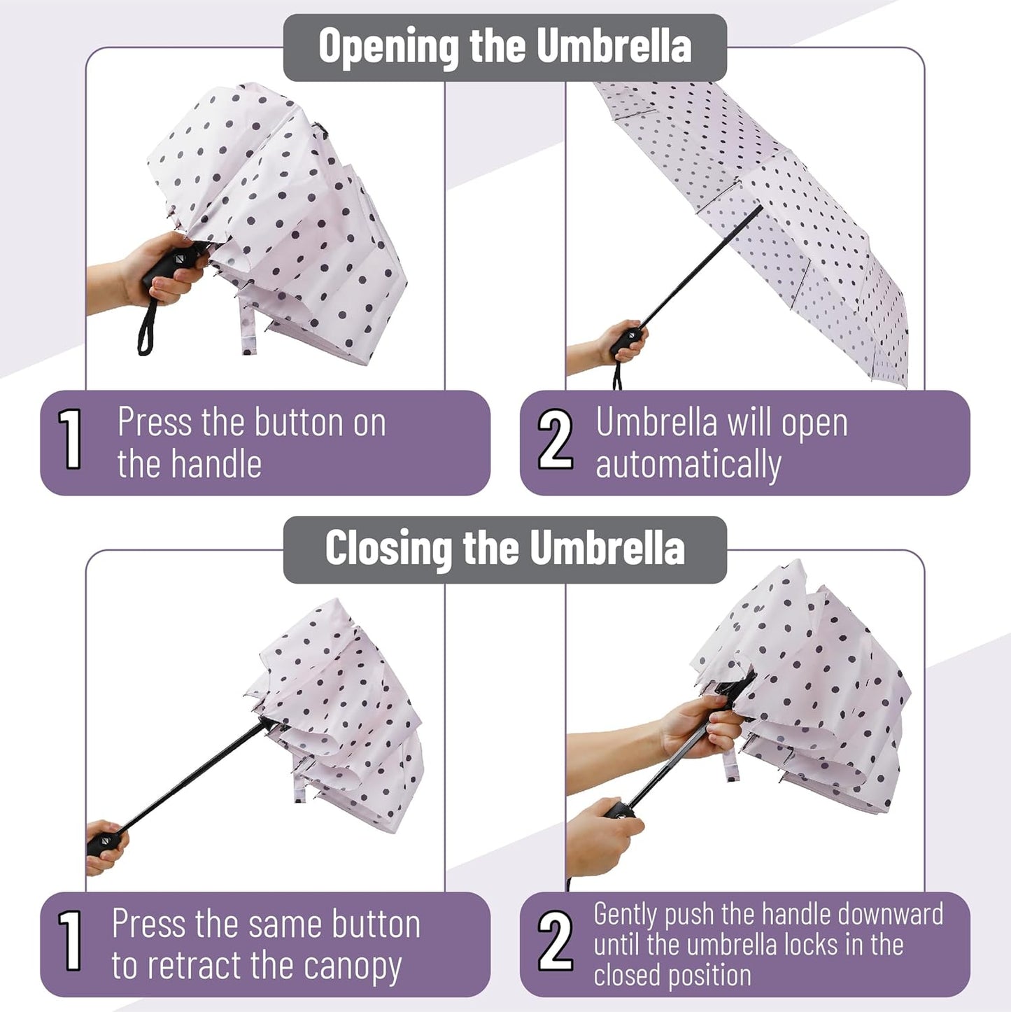 Windproof Travel Umbrella, Small Water-Resistant Automatic Folding Umbrella for Rain and Sun, Light, Compact and Portable for Women & Men, Fits Car & Backpack