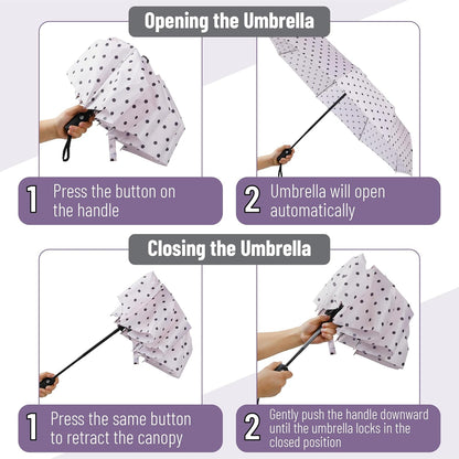 Windproof Travel Umbrella, Small Water-Resistant Automatic Folding Umbrella for Rain and Sun, Light, Compact and Portable for Women & Men, Fits Car & Backpack