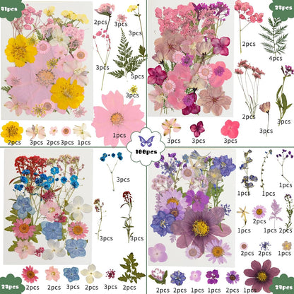 204 Pcs Dried Pressed Flowers for Resin Crafts, Real Natural Pressed Flowers and Leaves Kit Butterfly Stickers Vacuum Sealed Dry Flowers for DIY Epoxy Resin Jewelry Molds, Candle Soap Making, Nail Art