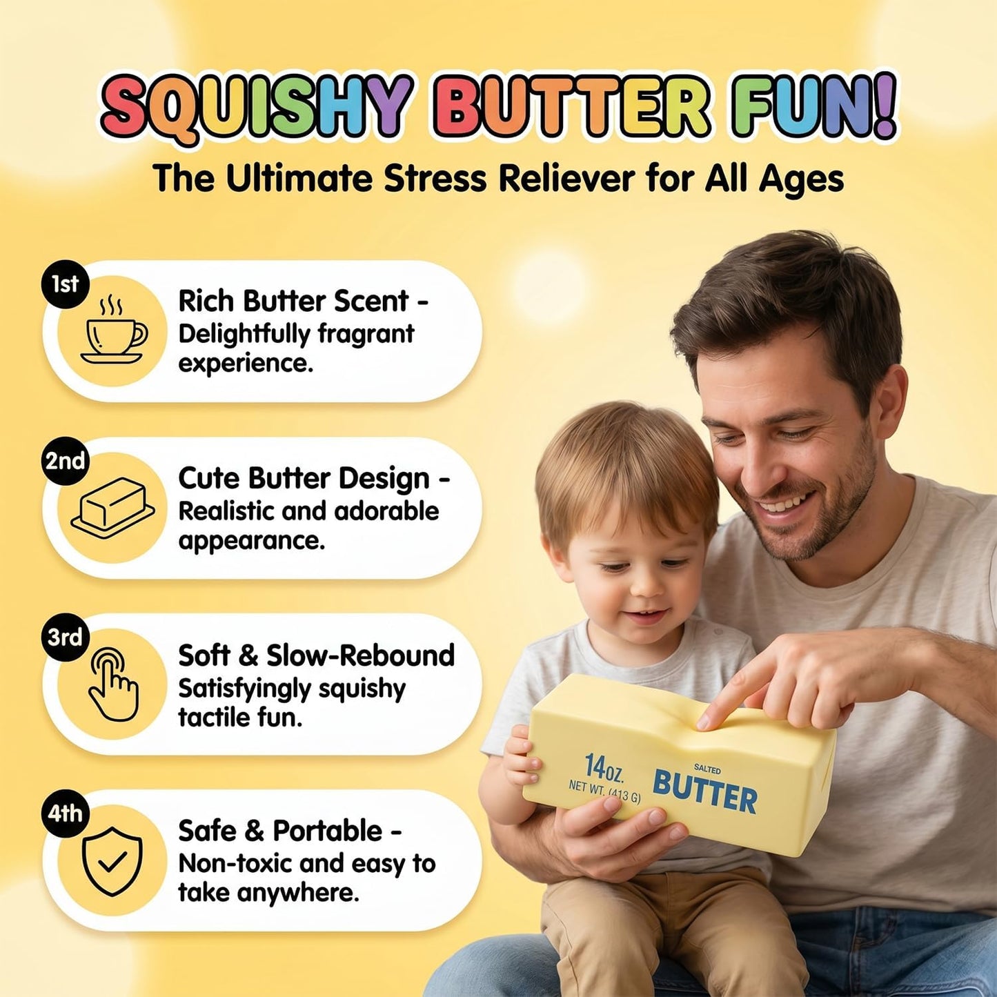 Giant Butter Squishy, Slow Rebound Cute Jumbo Big Butter Squeeze Stress Balls, Sensory Stress Relief Squishies Soft & Stretchy Fidget Toys for Anxiety Relief Party Favors (Yellow - Large)
