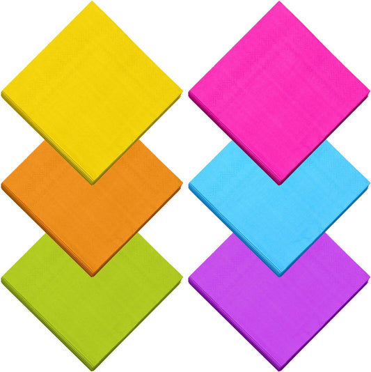 120 Pieces Cocktail Napkin Neon Napkins Beverage Luncheon Paper Napkins 2 Ply for Party Favors, 6 Colors