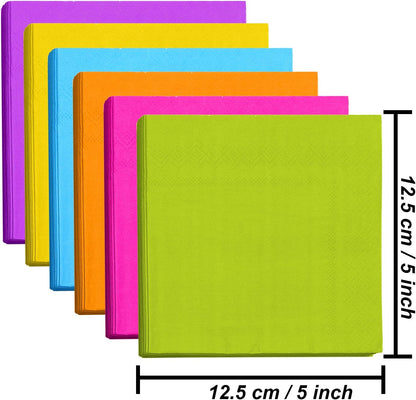 120 Pieces Cocktail Napkin Neon Napkins Beverage Luncheon Paper Napkins 2 Ply for Party Favors, 6 Colors