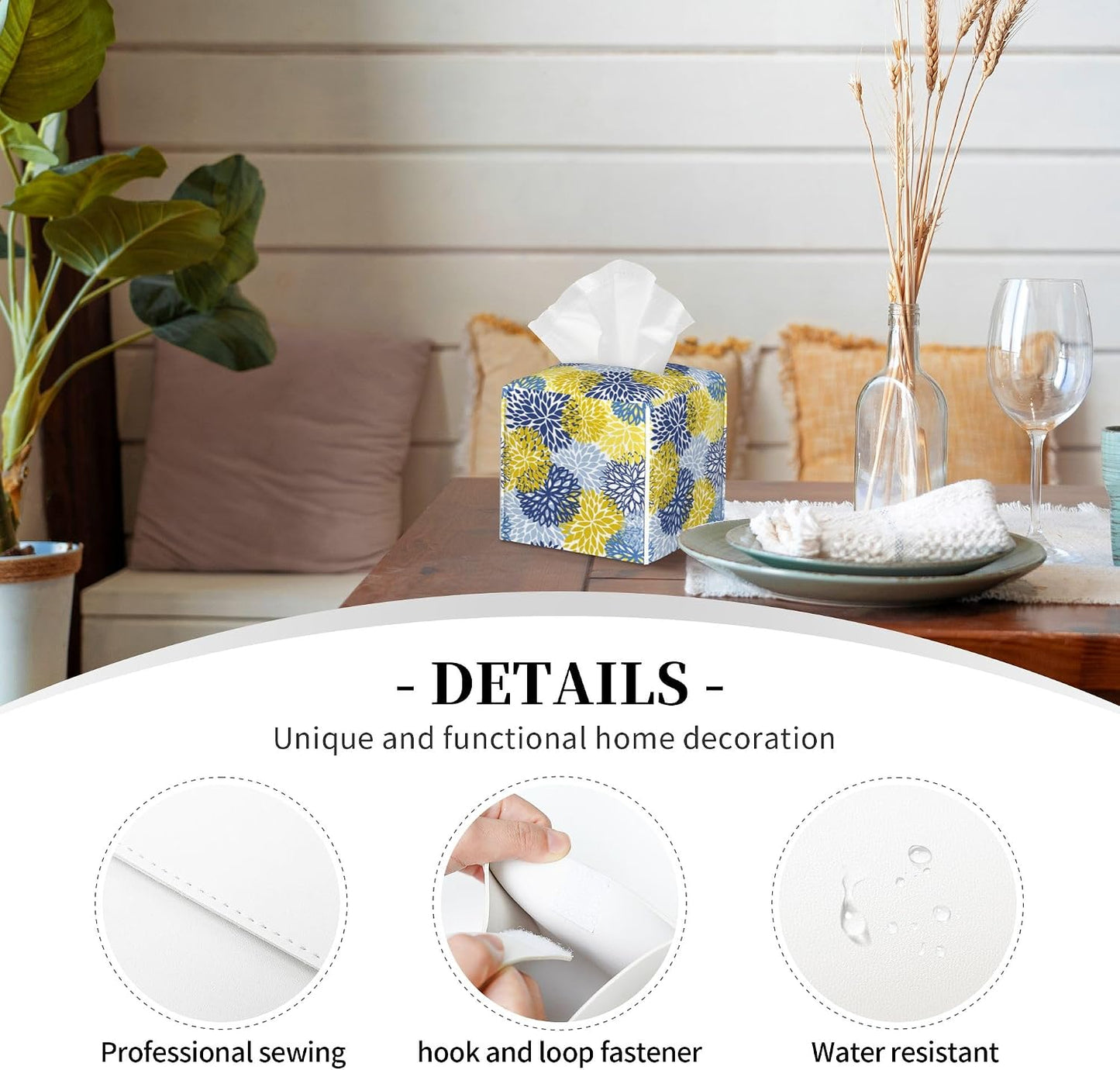 Yellow and Navy Chrysanthemum Flower Tissue Box Cover Leather Tissue Box Holder Square Facial Paper Organizer Dispenser for Bathroom Kitchen Bedroom Vanity Countertop Night Stands