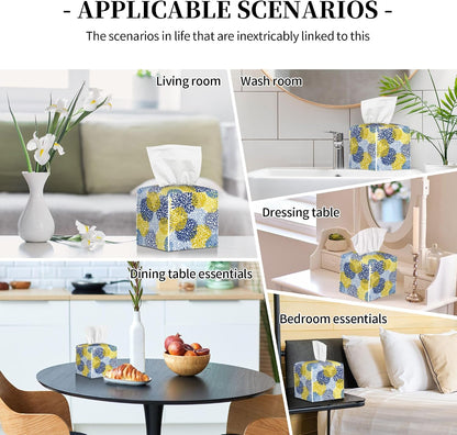 Yellow and Navy Chrysanthemum Flower Tissue Box Cover Leather Tissue Box Holder Square Facial Paper Organizer Dispenser for Bathroom Kitchen Bedroom Vanity Countertop Night Stands