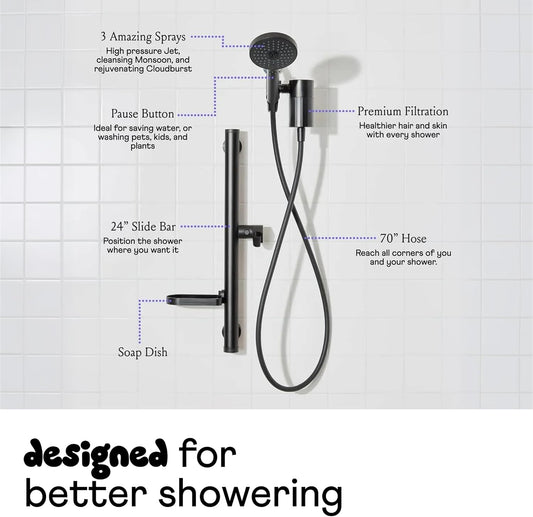! - Shower Kit + Filter, Yellow - Slide bar, 3 Spray Functions Plus Pause, Extra Long 70 Inch Hose - Easy DIY Installation - High Pressure Performance