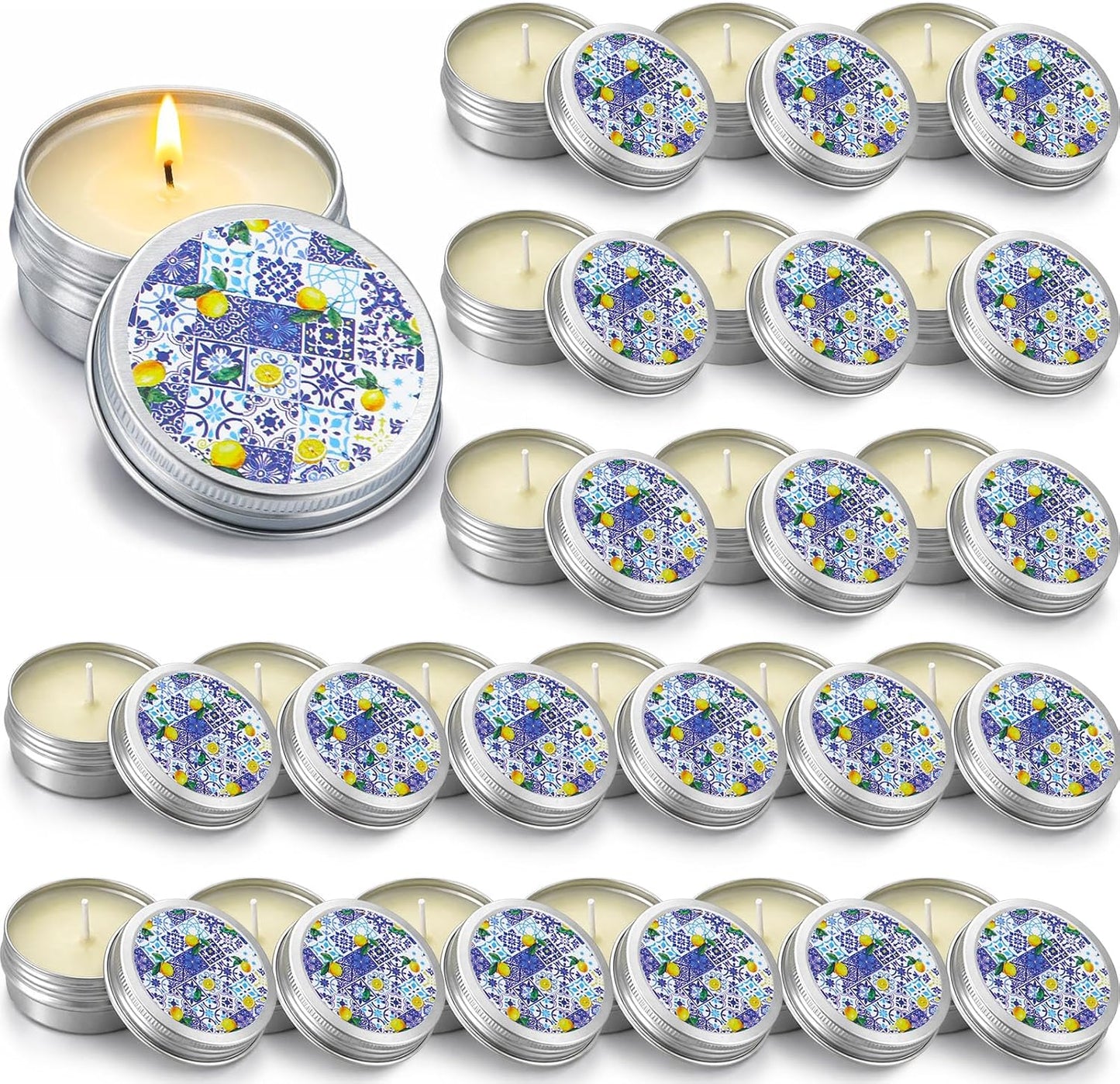 24 Pcs Lemon Party Favors Blue and White Lemon Candles Gift Mediterranean Party Supplies Mini Candles Bulk for Amalfi Coast Blue Yellow Tiles Bridal Wedding Shower