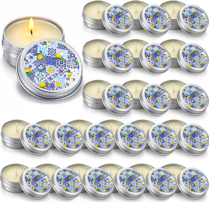 24 Pcs Lemon Party Favors Blue and White Lemon Candles Gift Mediterranean Party Supplies Mini Candles Bulk for Amalfi Coast Blue Yellow Tiles Bridal Wedding Shower