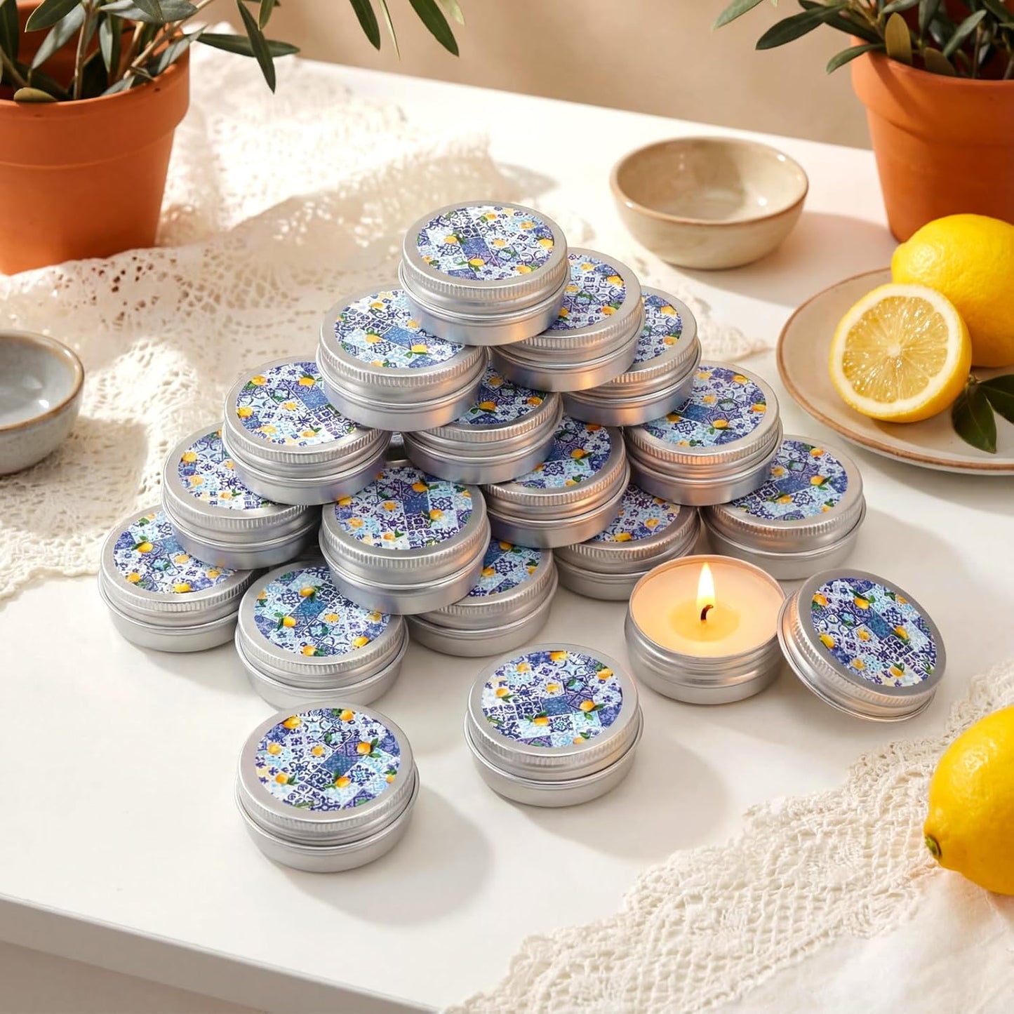 24 Pcs Lemon Party Favors Blue and White Lemon Candles Gift Mediterranean Party Supplies Mini Candles Bulk for Amalfi Coast Blue Yellow Tiles Bridal Wedding Shower