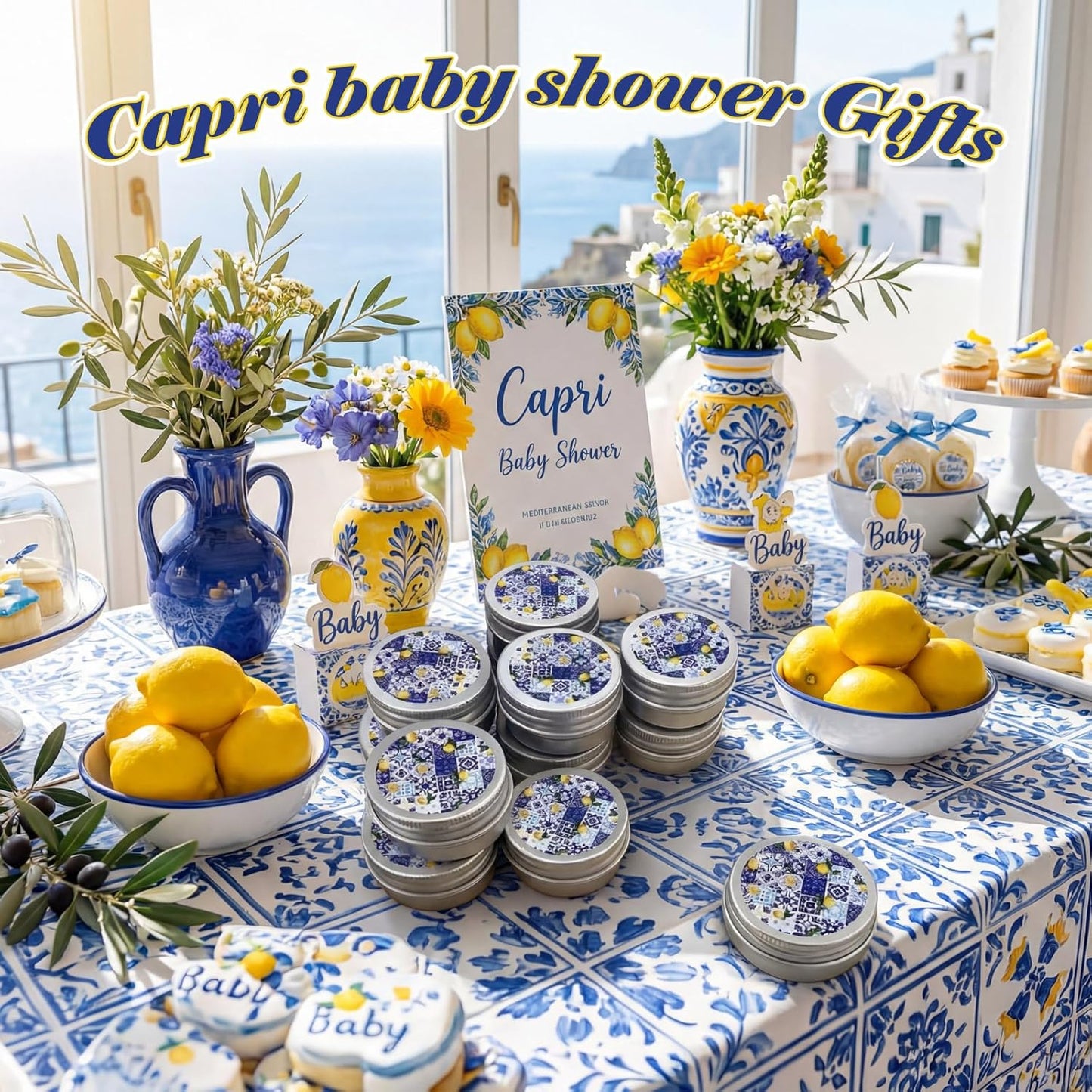 24 Pcs Lemon Party Favors Blue and White Lemon Candles Gift Mediterranean Party Supplies Mini Candles Bulk for Amalfi Coast Blue Yellow Tiles Bridal Wedding Shower