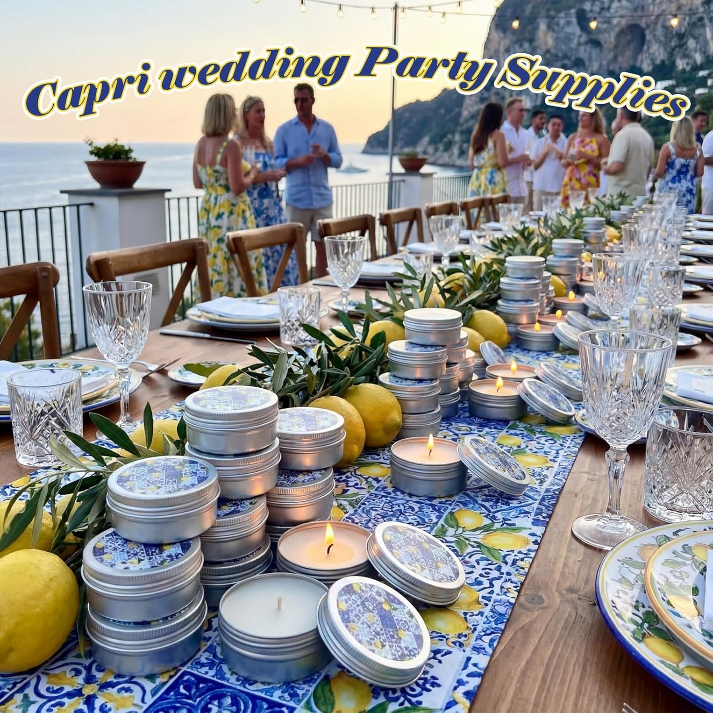 24 Pcs Lemon Party Favors Blue and White Lemon Candles Gift Mediterranean Party Supplies Mini Candles Bulk for Amalfi Coast Blue Yellow Tiles Bridal Wedding Shower