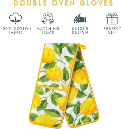 Yellow Double Oven Mitt Lemon Decor Heat Resistant Non-Slip Kitchen Cotton Gloves Extra Long for Kitchen Cooking Baking Barbecue Grilling